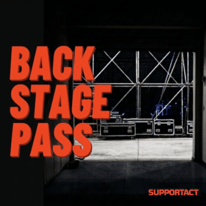Square ratio image that says BackStage Pass on a black and white backstage image